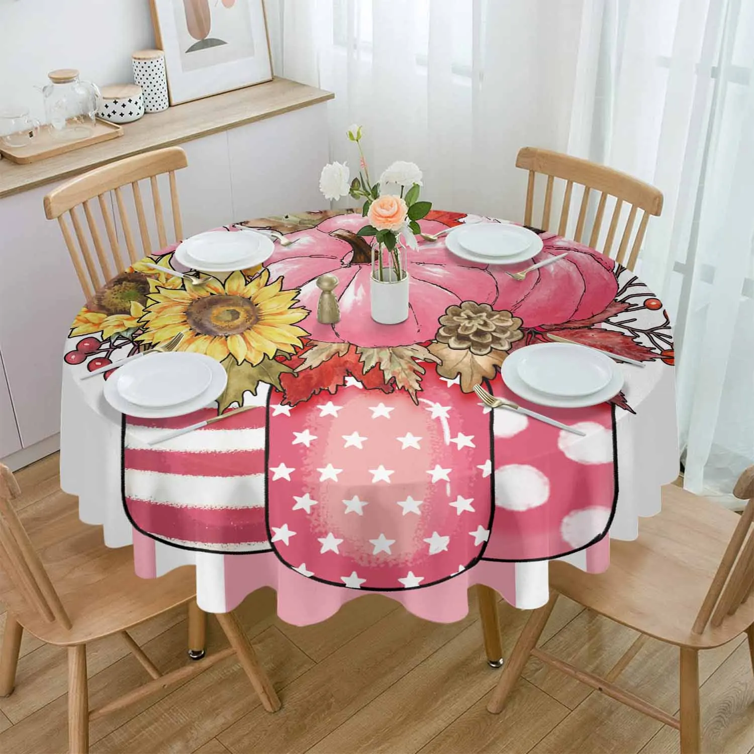 Autumn Pumpkin Maple Leaves Waterproof Tablecloth Tea Table Decoration Round Table Cover For Kitchen Wedding Home