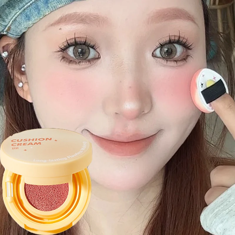 Air Cushion Blush with Puff Soft Face Brightening Contouring Shadow Blusher Powder Peach Pink Cheek Tint Korean Makeup Cosmetics