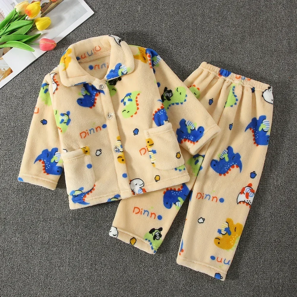 

New 2024 Kids Boys Girls Autumn Winter Flannel Pajamas Cartoon Long Sleeve Lapel Tops with Pants Pyjamas Sleepwear Clothing Sets