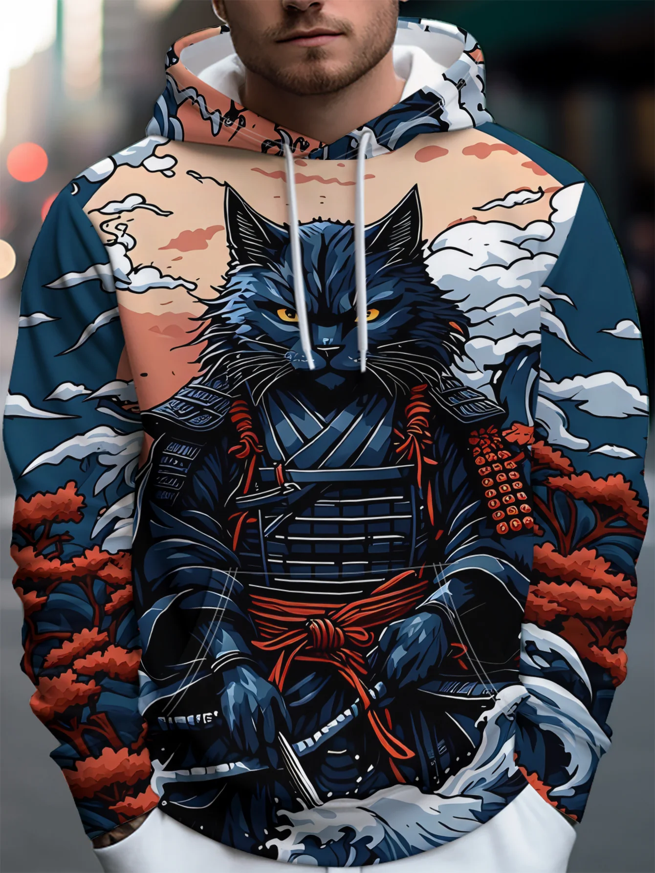 Men's Hoodie Autumn 3D Print Samurai Cat Japanese Ukiyo‑e Art Pullover Streetwear Casual Sweatshirt Men Clothing