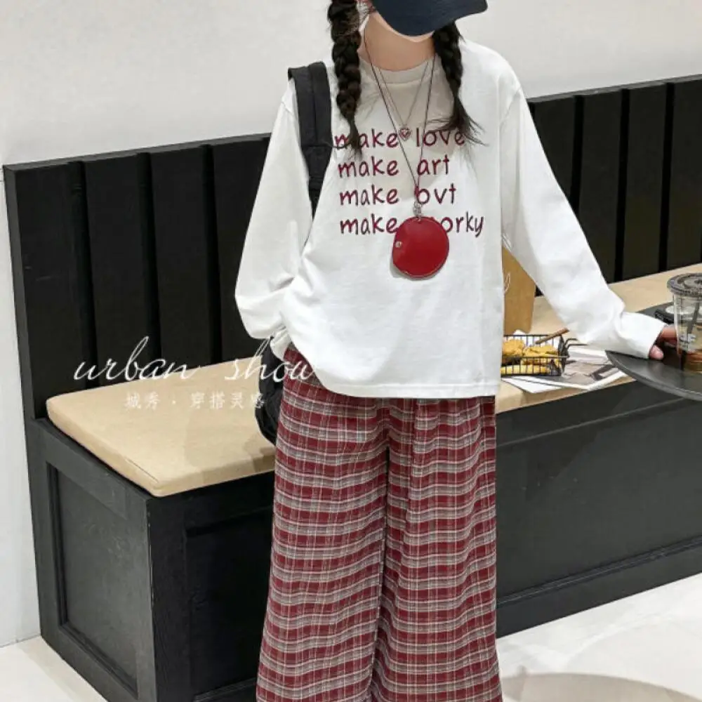 

Kawaii Girl Fashion Round Neck T-Shirt Checkered Pants Set Student Autumn Casual Tops Long Pants 2-Piece Set Children's Clothing