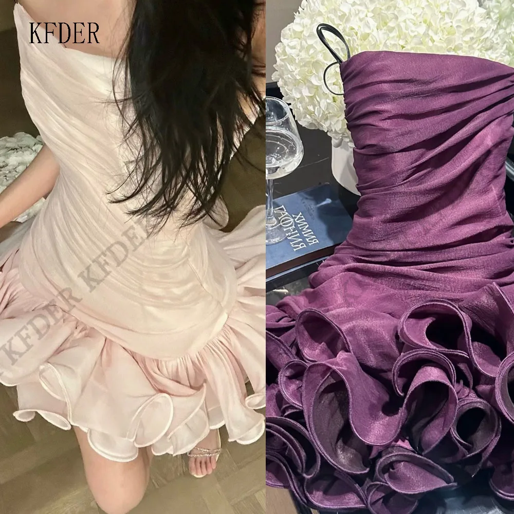 Pink Purple Strapless Chiffon Mini Prom Dress Ruched Ruffles A Line Birthday Dress Princess Girl Graduation Gown Customized