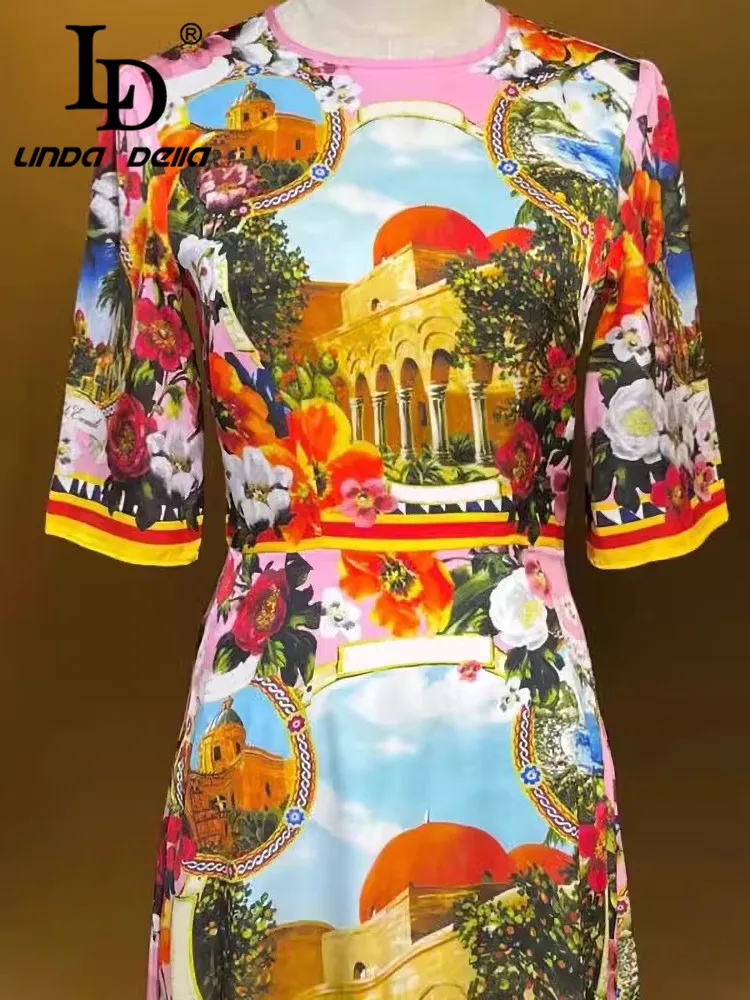 LD LINDA DELLA Autumn Winter Women\'s Dress Fashion Half Sleeve High Waiste Elegant Chic Print Beach Vacation Silk Dresses