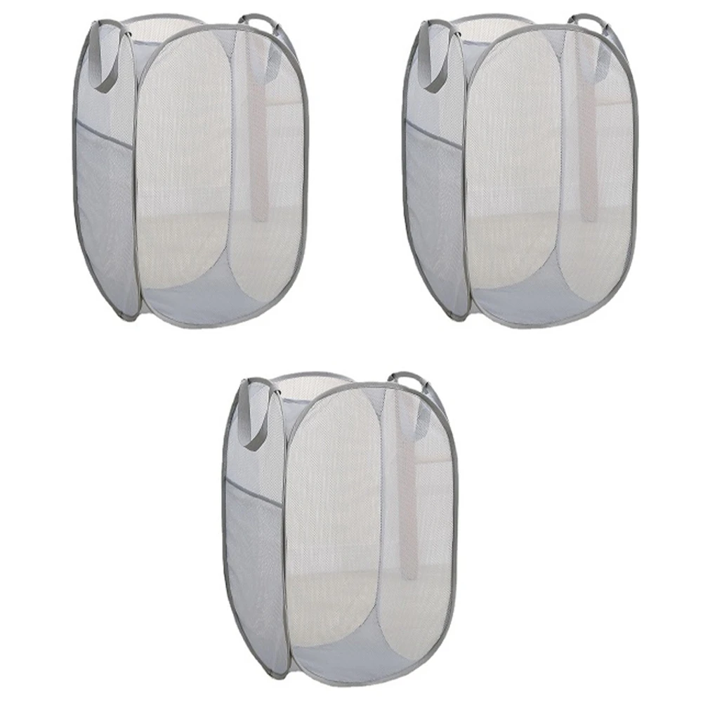 

3 Pack Collapsible Laundry Basket Strong Mesh Up Laundry Hamper for Laundry with Side Pocket Reinforced Handles