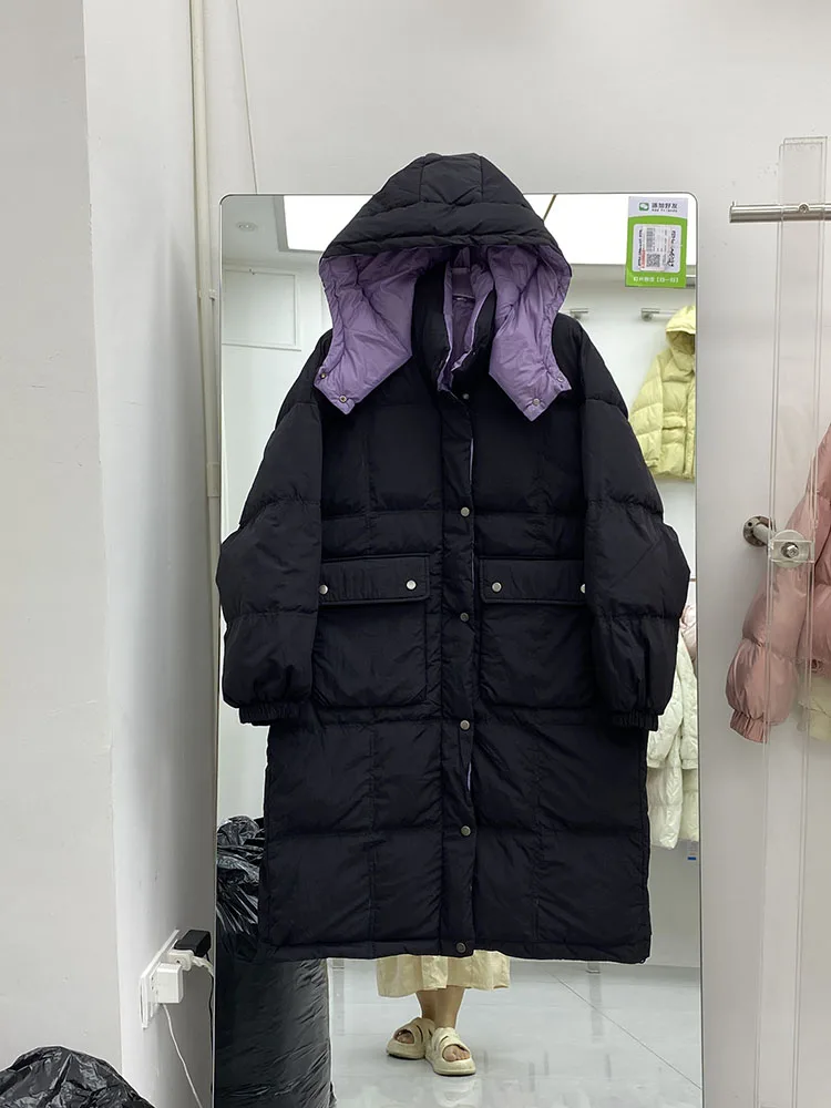 女性ダウンジャケットカジュアルルーズオーバーサイズパッチワーク秋冬暖かい厚いフード付き生き抜くスタンドカラーコート 2025