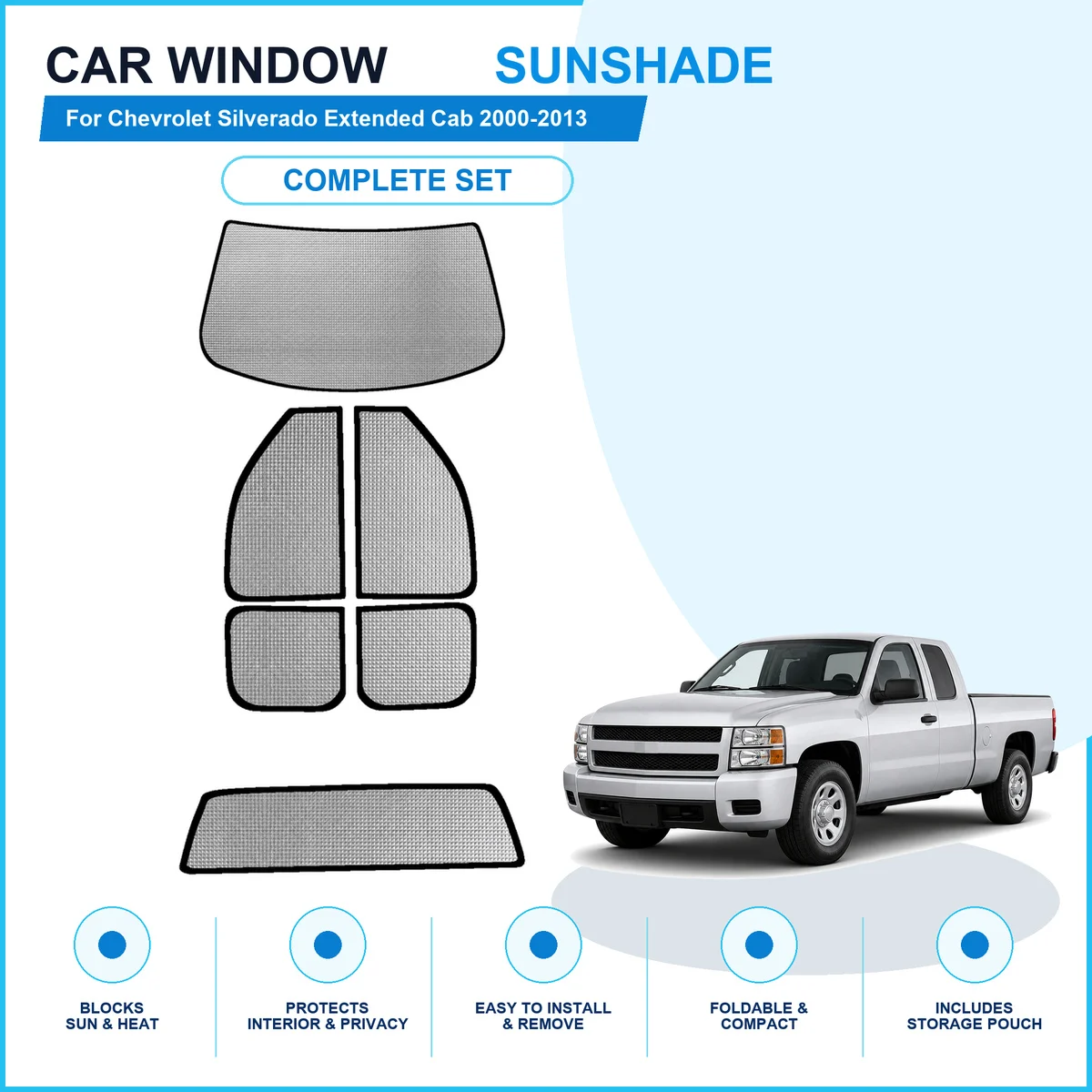 For Chevrolet Silverado Extended Cab 2000-2013 Custom Full Set Window Sunshades Aluminum Foil Suction Cup Anti UV Privacy