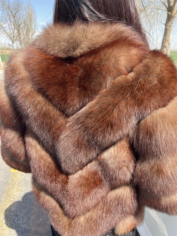 Real Fox Fur Jacket for Women, Luxury Genuine Fox Short Coat, Full Sleeves, Natural Plush, Red Fox Fur, Female