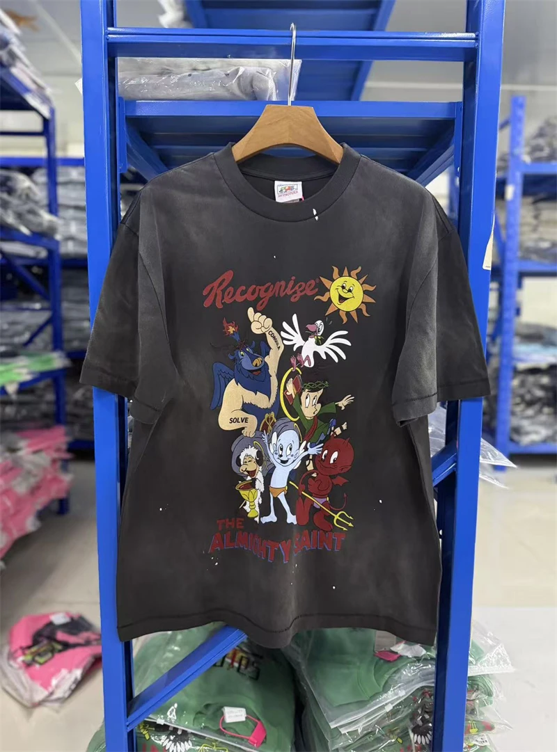 Summer SAINT Mx6 Vintage Washed Cartoon Print Pattern Casual Loose Round Neck Short Sleeved Street Cotton Versatile T-shirt