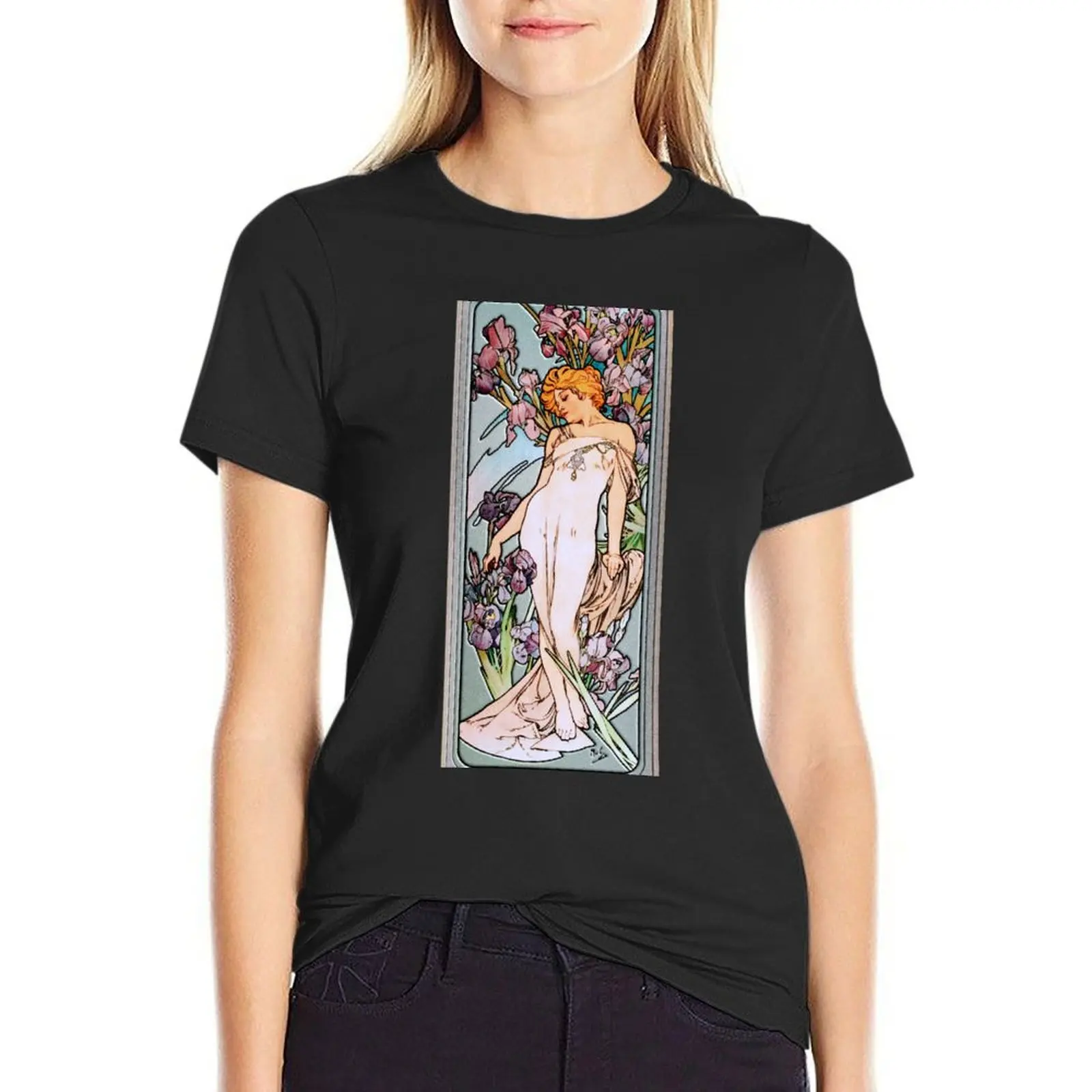 The Iris by Alphonse Mucha Art Nouveau Old Masters Reproductions T-Shirt new edition lady clothes tops for Women