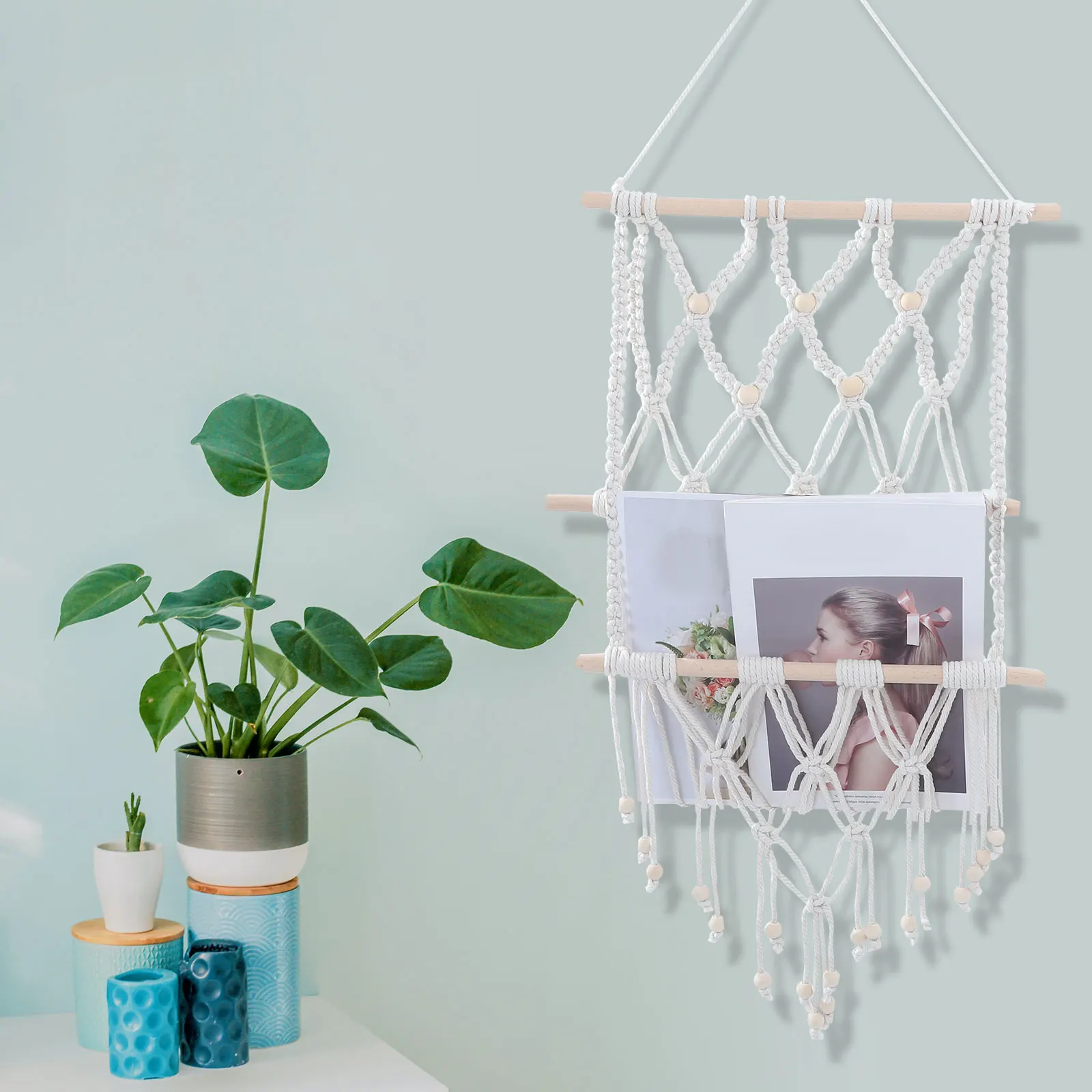 

Woven Tapestry Hanging Beige Tassel Holder Cotton Wall Hanging Decor Rope Macrame Magazine Rack Bedroom Living Room Decor