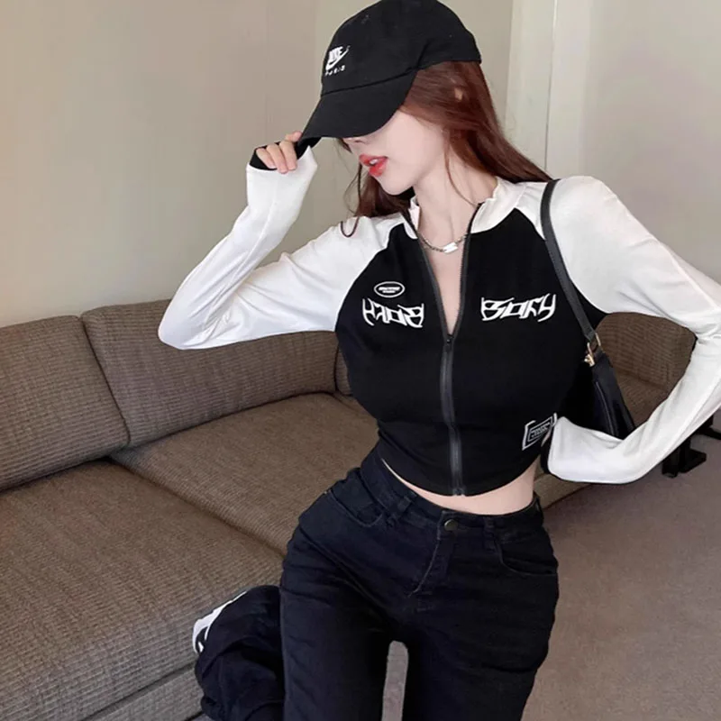 Women's Y2 Spring And Autumn Short Motorcycle Zip Up Jacket With Slim Fit Retro Street Style Half-High Collar Neck Cardigan Coat