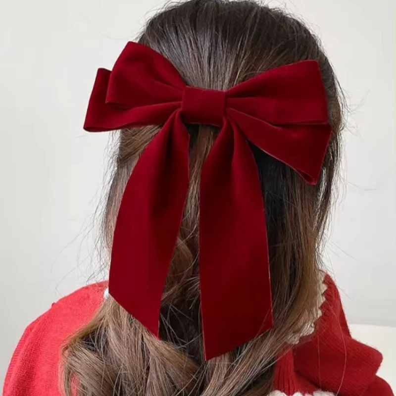 Girls Black Red Big Velvet Bow for Women Vintage Wedding Long Ribbon Korean Hair Pin Barrette Fashion Hair Accessories