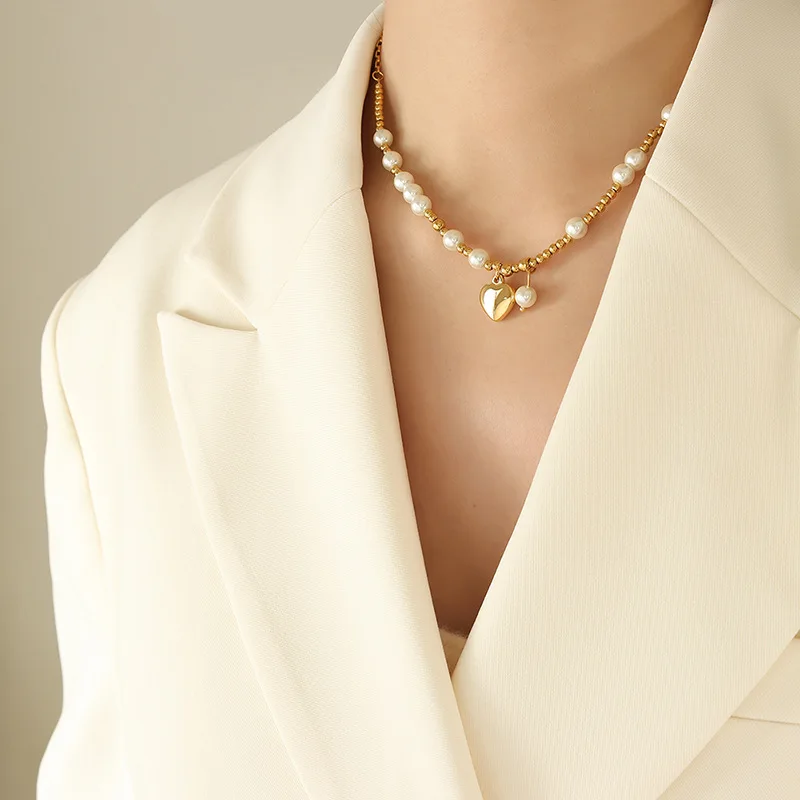 Imitation Pearl Heart Pendant Necklace 18k Gold Plated Stainless Steel Chain Adjustable Women\'s Jewelry for Party Gift