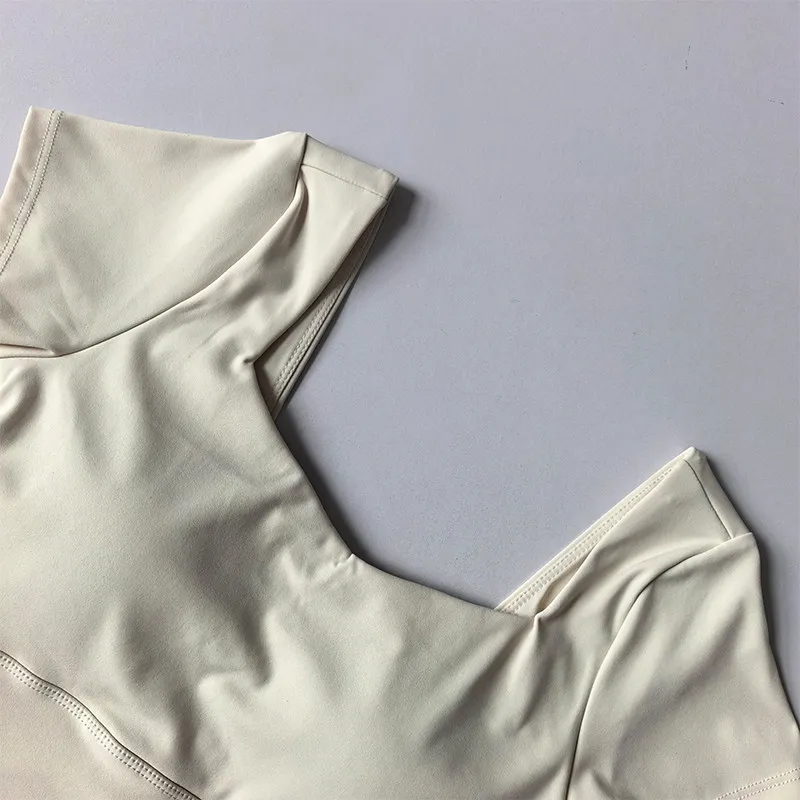 Damen Yoga Sporttops Mesh Beauty Back Schlankmachende Kurzarm-T-Shirts mit festen Cups für Pilates-Training und Fitness – Detail 10