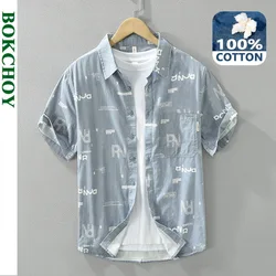 2024 Summer New 100% Cotton Casual Letter Printed Men's Summer Shirt Short Sleeve Fresh Men Clothing CM8131