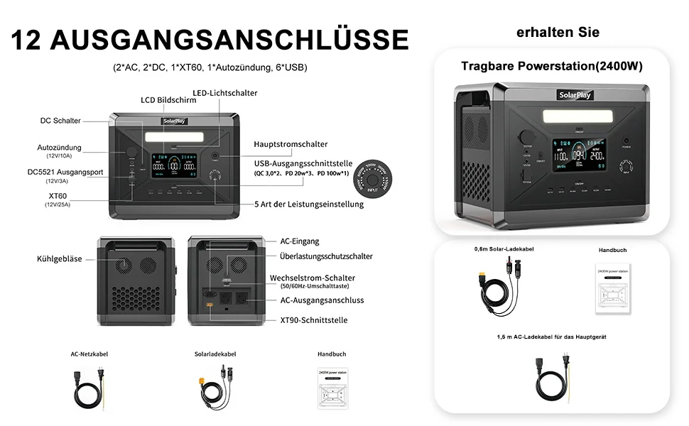 SolarPlay 2400W Powerstation 2160Wh Solargenerator mit 200W Solarpanel-Kit für den Heim- und Außenbereich, Notstrom-Akku – Detail 15