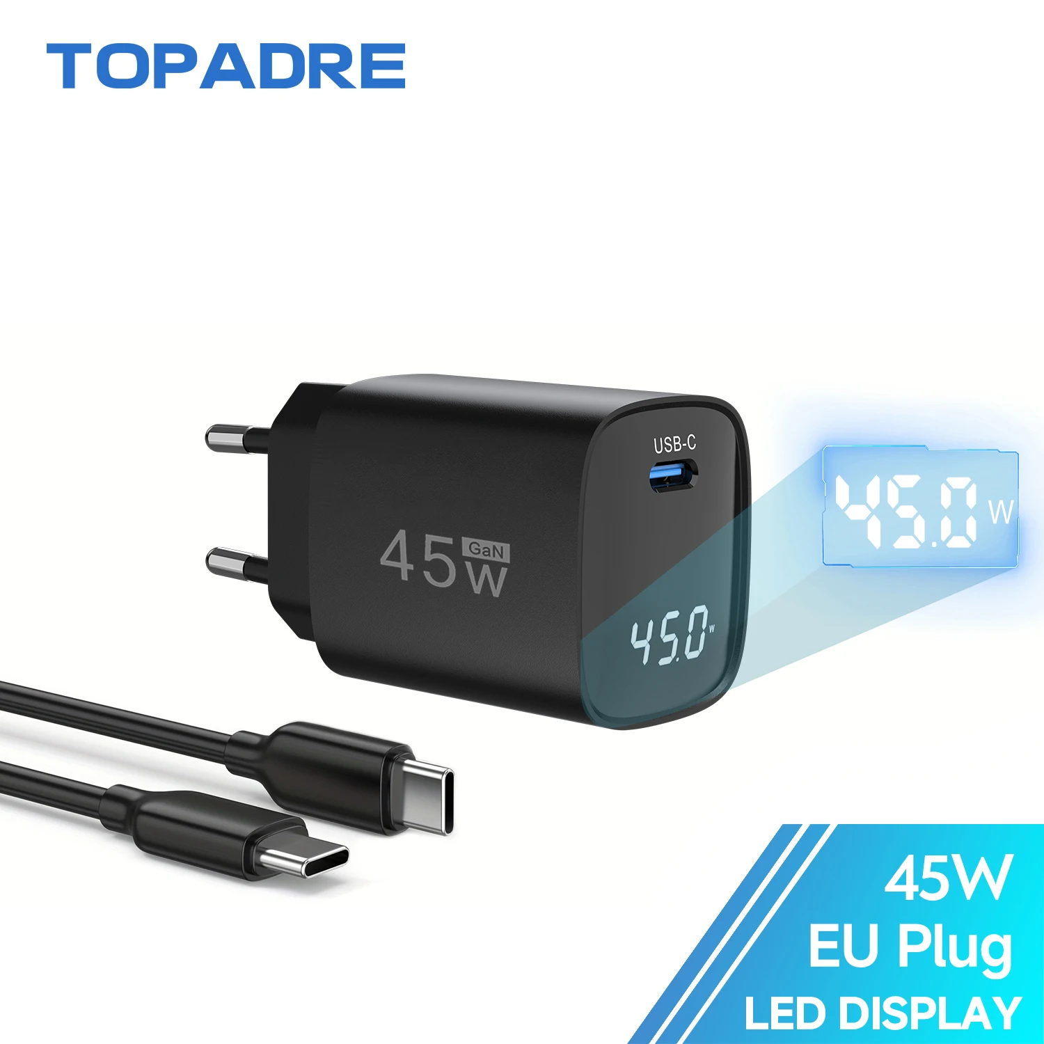 

Быстрое зарядное устройство USB C мощностью 45 Вт со светодиодным дисплеем, двухпортовое зарядное устройство для быстрой зарядки для iPhone, Ipad, серия Sumsamg, вилка США, ЕС, Великобритании