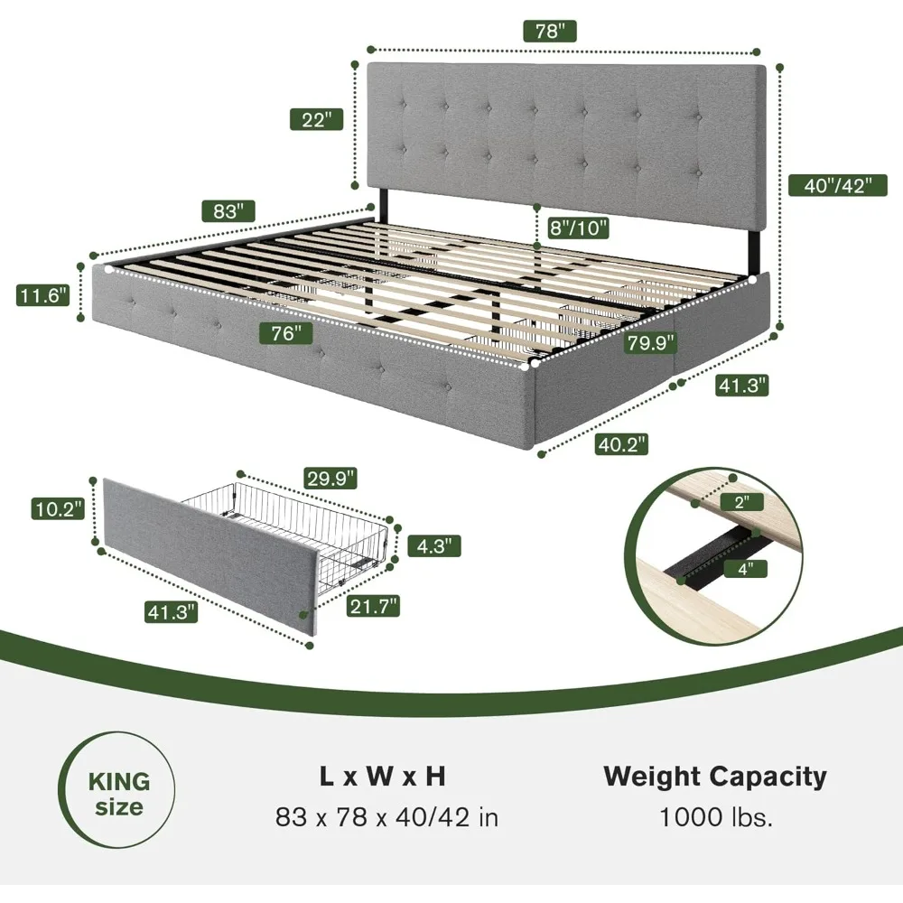 إطار سرير بحجم كينج مع 4 أدراج تخزين، سرير بمنصة منجدة مع لوح رأسي قابل للتعديل بخياطة مربعة، بدون صندوق S