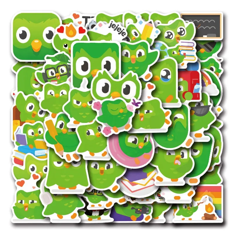 Cartoon Duolingo Pacote de adesivos decorativos, Diversão adesivos criativos, mala, copo de água, papelaria, telefone móvel, diversão, 55pcs