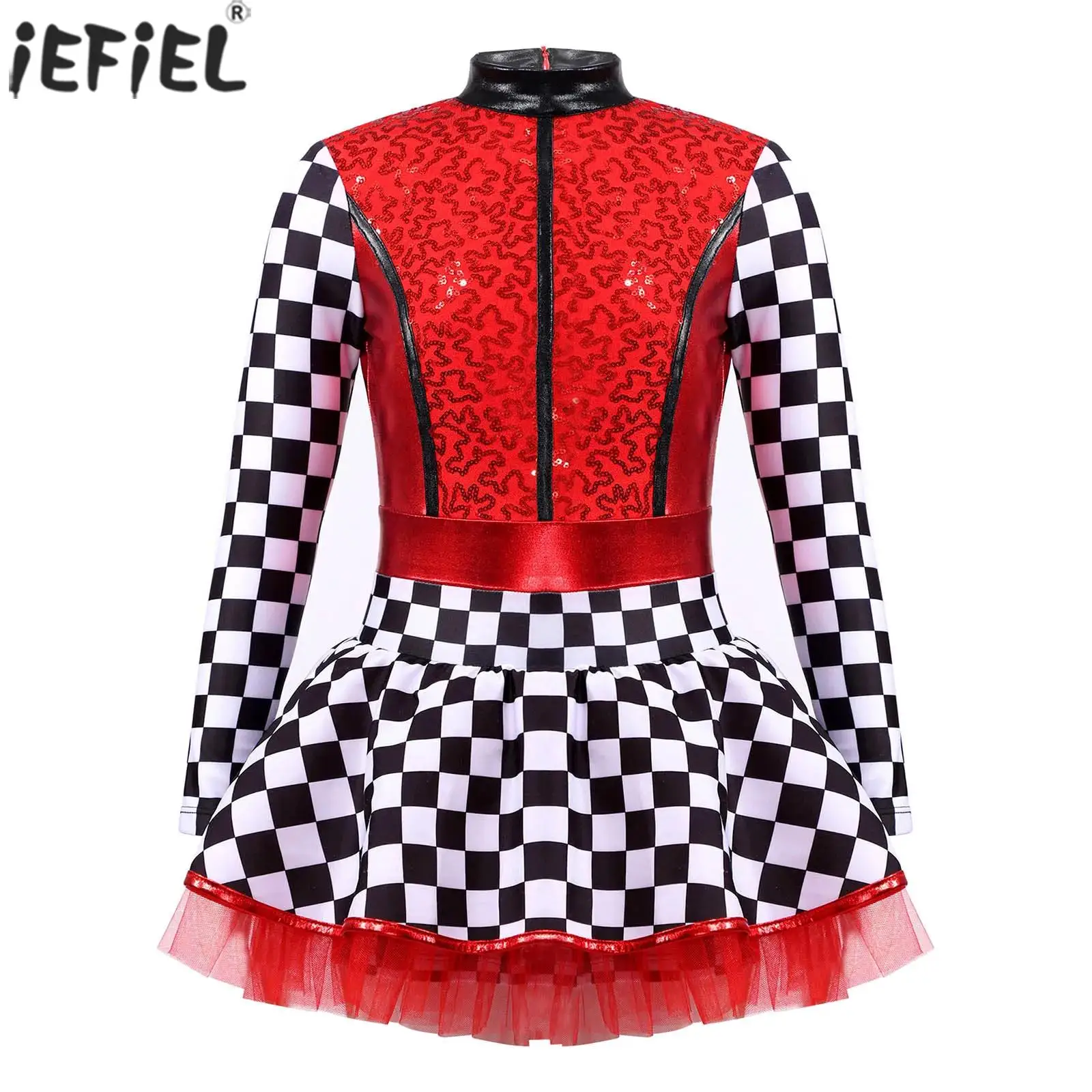 Kids Girls Race Car Driver Cosplay Costume Long Sleeve Checkerboard Sequin Tutu Dress Rave Themed Party Racer Pole Play Dress Up