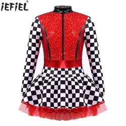 Kids Girls Race Car Driver Cosplay Costume Long Sleeve Checkerboard Sequin Tutu Dress Rave Themed Party Racer Pole Play Dress Up