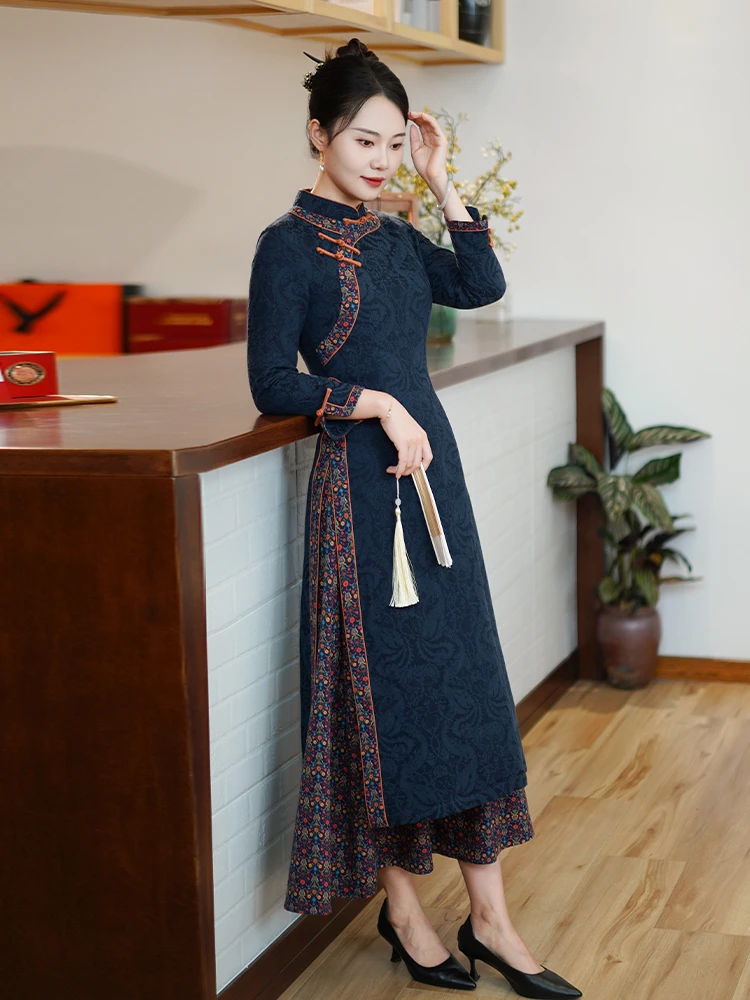 

Ele Reformed Middle-Length Dr Women's New Chinese Sle Retro Winter Faion High Slit Long Sve Cotton Gown