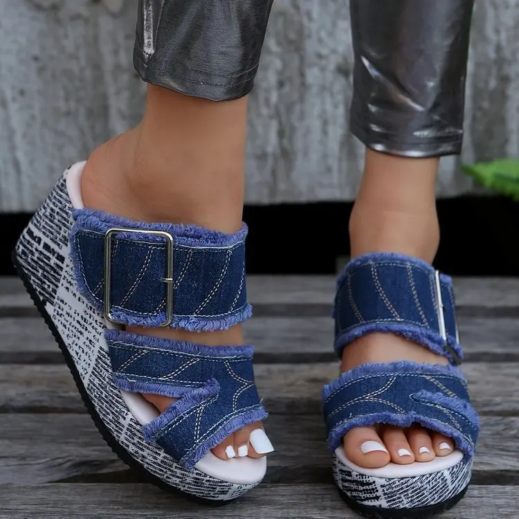 Summer Newspaper Buckled Denim Wedge Slippers Sandals Women Shoes Casual Fashion Vacation Daily Wear