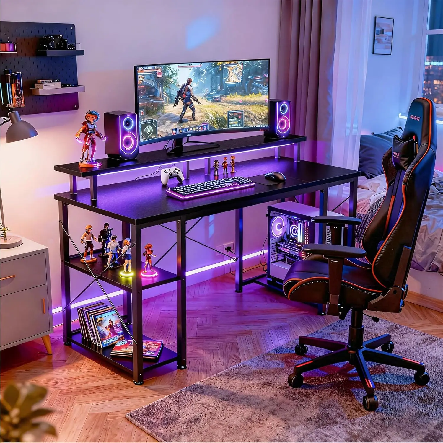 

Игровой стол 48 дюймов с LED-подсветкой и розетками, компьютерный стол с подставкой для монитора и полками для хранения, подставка для системного блока, на заказ