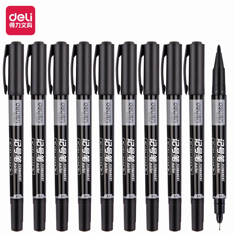 

12Pcs/Box Deli 6824 Waterproof permanent Dual Tip 0.5/1.0mm Nib Black Blue Red Art Marker Pens Student School Office Stationery