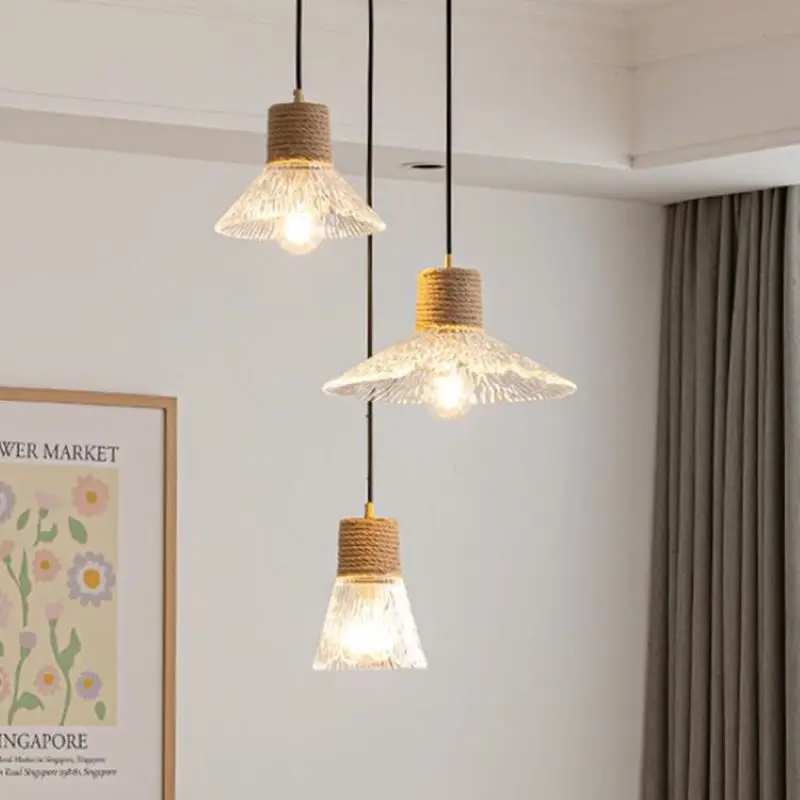 

Retro Log Glass Chandelier Hemp Rope Restaurant Pendant Light for Bedroom Dining Room Kitchen Bar LED Lamp Suspension Luminaire