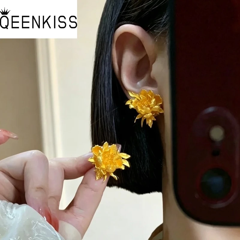 Pendientes QEENKISS de oro de 24 quilates con diseño de peonía vintage para mujer, regalos para fiesta de boda, cumpleaños, Navidad, novia, madre, niña, EG5604