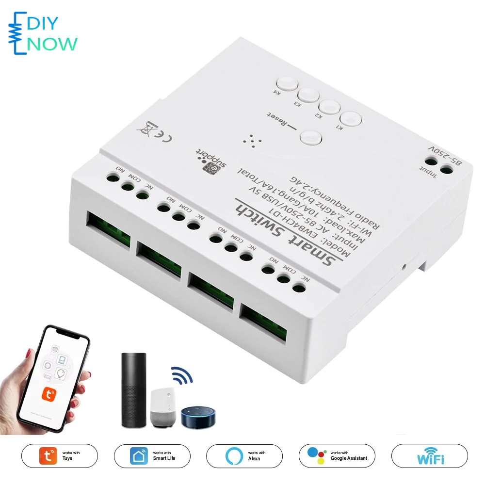 

4-канальный умный Wi-Fi модуль реле AC85-250V с беспроводным дистанционным управлением, интеллектуальный модуль для умного дома с голосовым управлением Alexa