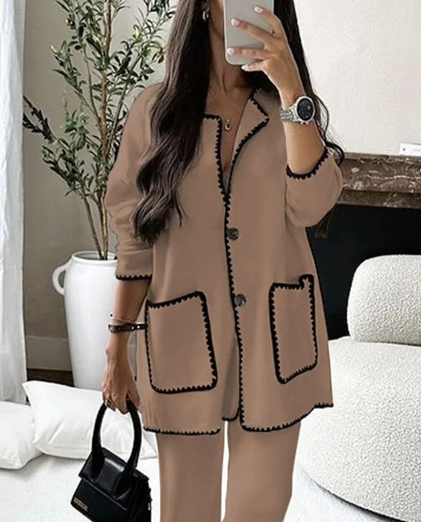 Autumn and Winter Women Set Long Sleeve Single Breasted Tops and Wide Leg Pants 2 Piece Sets Womens Outfits Ankle-Length Pants