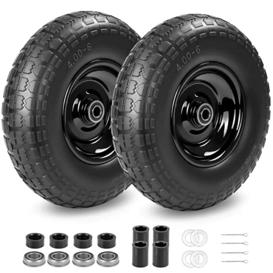 

2PC 4.00-6 Flat-Free Tires and Wheels 13" Thickened Solid Tire with 5/8" and 3/4" Bearing 1.8"-5.8" Centered Hub Length 4.00-6