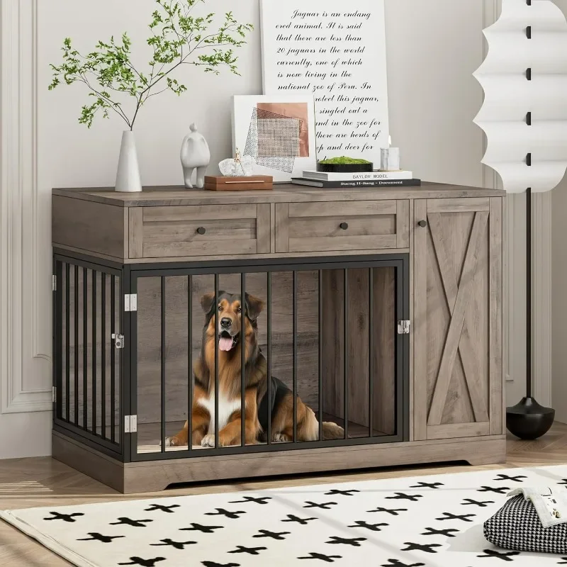 

Dog Crate Furniture Kennel with Double Doors Wooden Pet House with 2 Drawers and Storage Cabinet