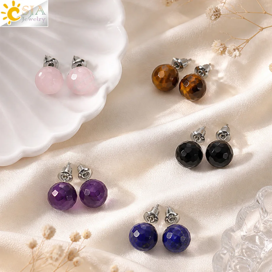 CSJA Natural Stone Earrings Stainless Steel Stud Earring Crystal Amethyst Faceted Bead for Women Charms Fashion Jewelry H893