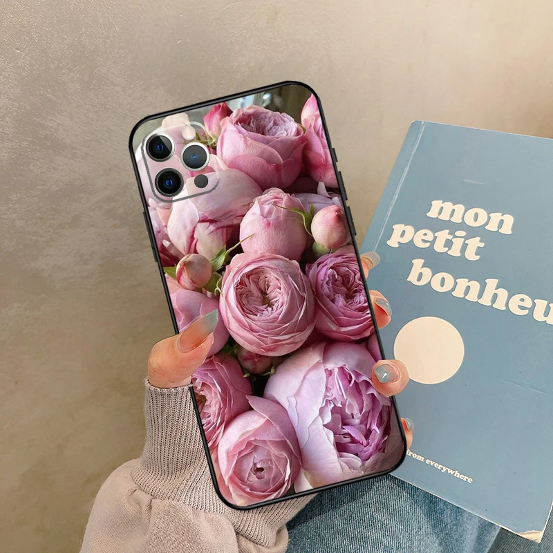 حافظة أنيقة على شكل زهرة الفاوانيا الوردية والأرجوانية لهاتف 17 Air iPhone 16 15 14 13 12 11 Pro Max 12 mini XR 15 16 Plus 16e غطاء خلفي شل