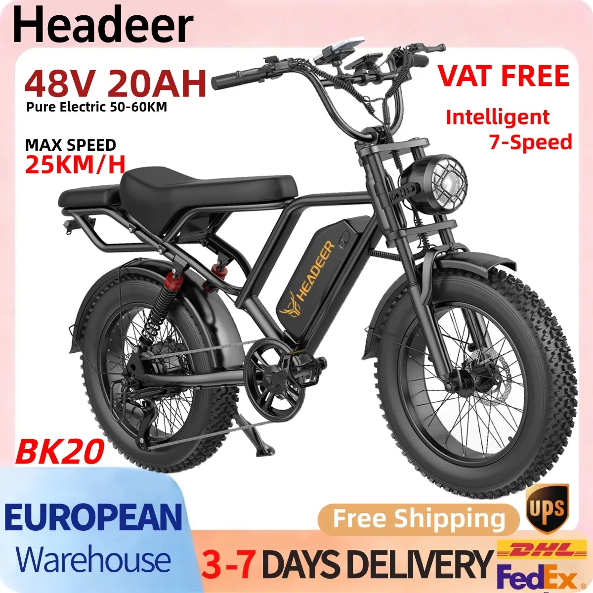 Vélo électrique Headeer BK20 48V 20AH avec pneus épais 20*4.0, vélo de montagne à 7 vitesses, batterie lithium amovible, vélo électrique pour adultes, tout-terrain, neige, sable, plage, route, vélo tout-terrain pour adultes, dojaz.