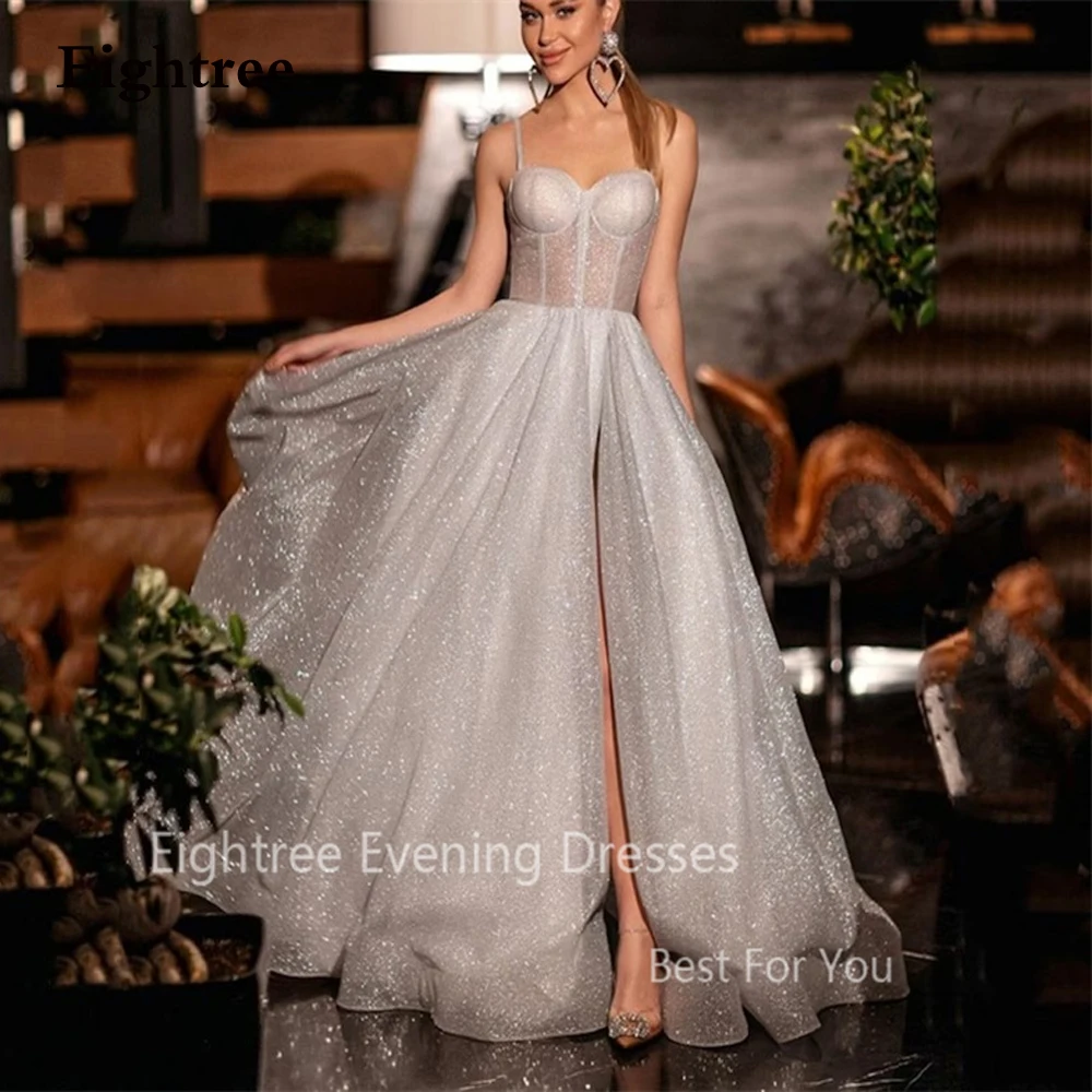 

Eightree Shiny A-line Evening Dresses Spaghetti Straps Prom Dress Glitter Party Gowns Exquisite Ivory Formal Prom Gown Vestidos