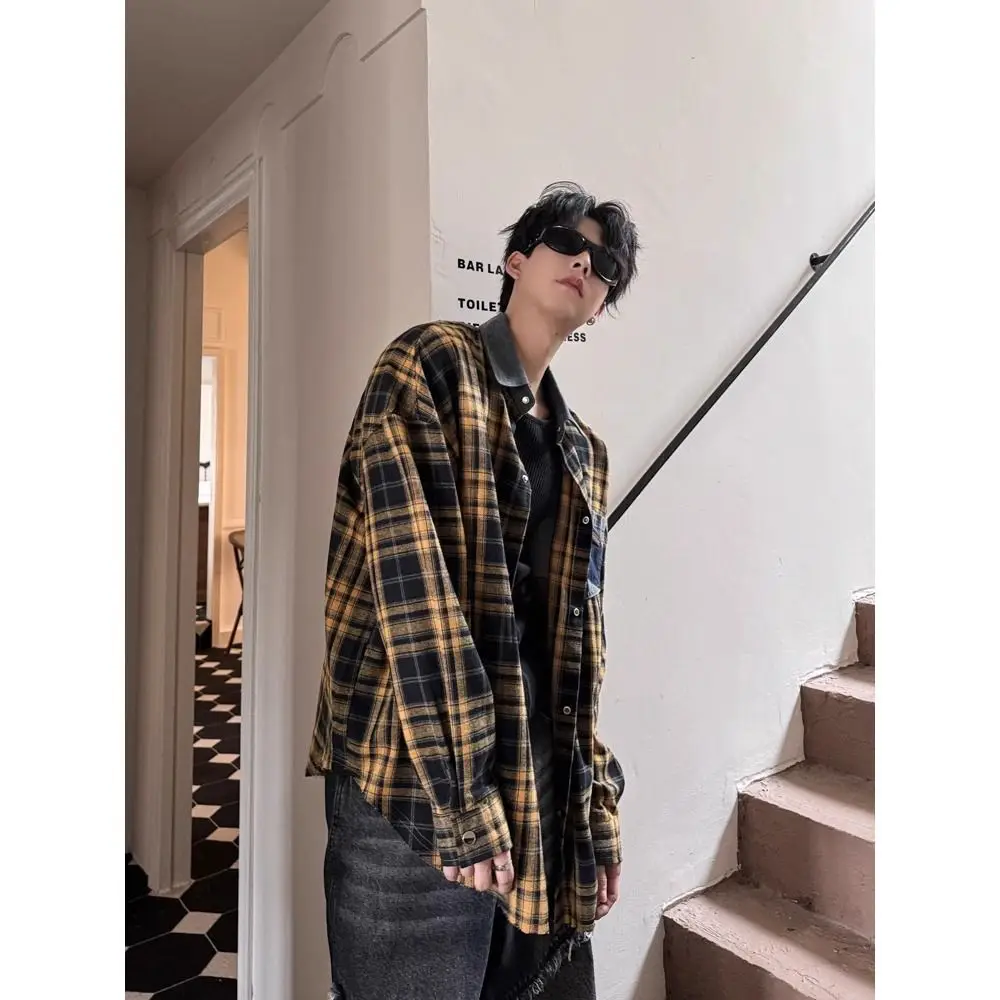 

New Plaid irt Loose Casual Long Sve Spring Autumn Outerwear High-End Feeling Brand 2025 Trendy Youth Polyester Fiber