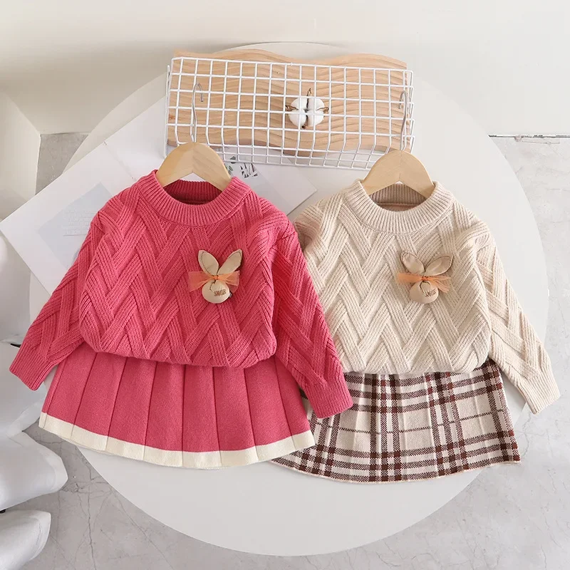 MILANCEL 2-6Y New Autumn Kid\'s Clothing Set Cute Solid Knit Pullover Sweater Retro Plaid Skirt Girls 2Pcs Suit Children\'s Outfit