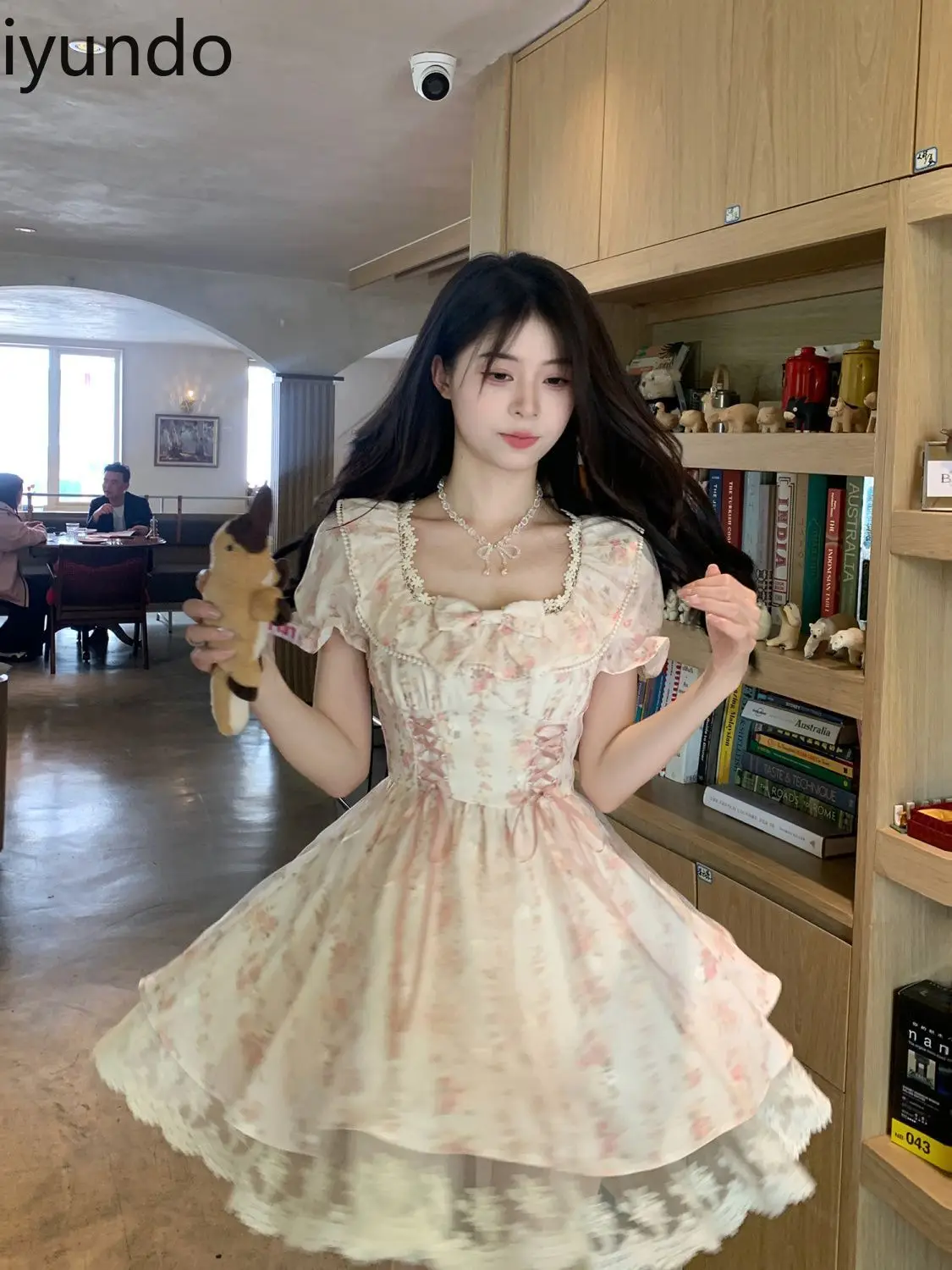 

Sweet and Cute Lace Bow Square Neck Floral Lace Robe 2024 Summer New Niche Fresh Short Skirt Regulai Fit Dress for Women