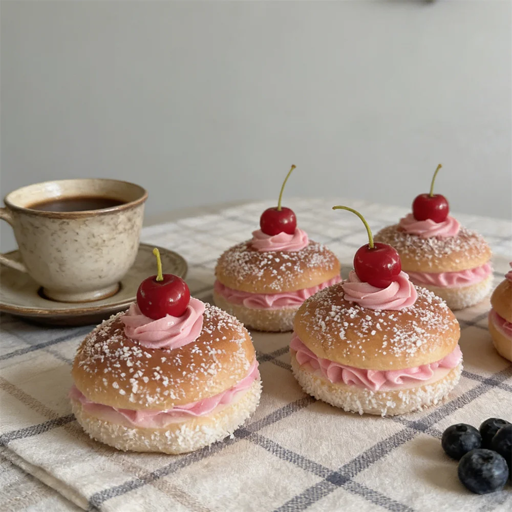 Modelo de Bagel de corazón de cereza con sabor a fresa, 8,5 cm, comida simulada, accesorio de exhibición de plástico para fiesta, herramienta de cocina para hornear, decoración bonita
