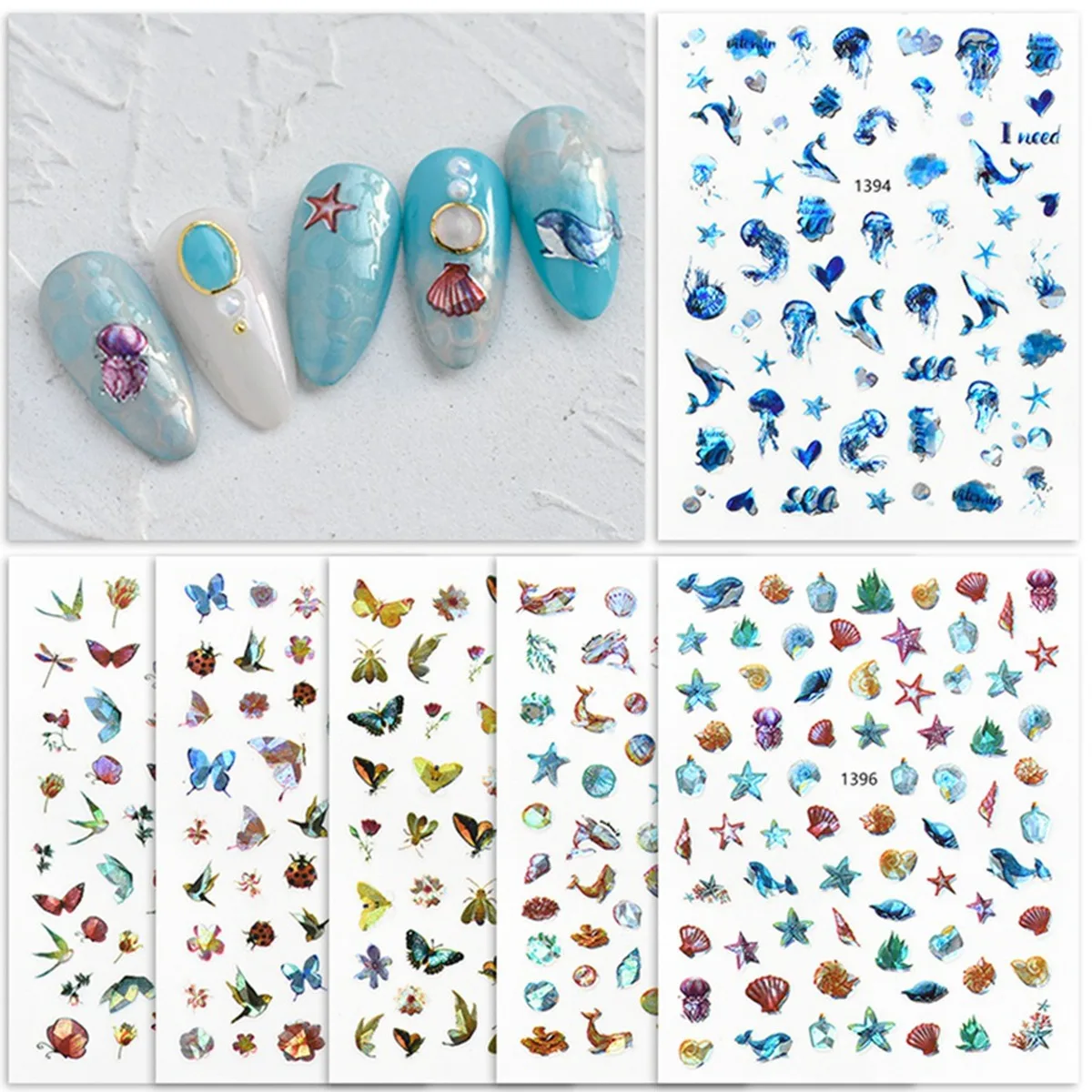 Ocean Series Nail Art Stickers Laser Butterfly 3D Jellyfish Dolphin Shell Starfish Design Nail Decoration Decals