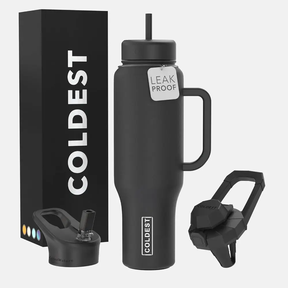 

46 oz Insulated Tumbler with Handle and 3 Lids - Leak-Proof, Stainless Steel for Men & Women - Cup Holder Friendly Base, Stealth
