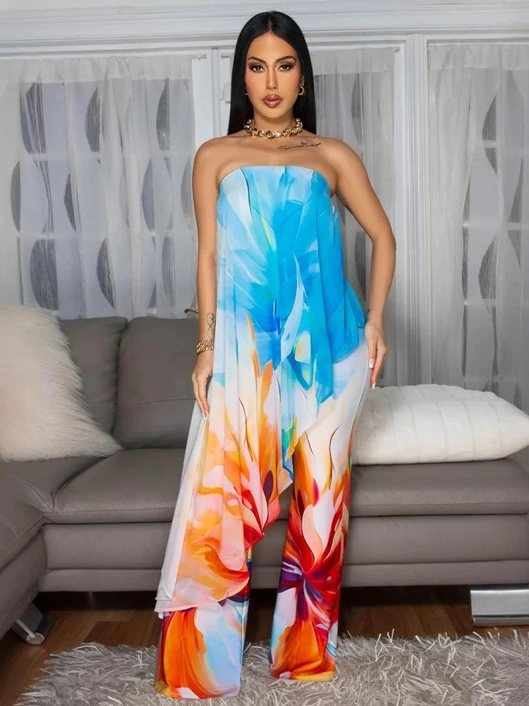 

BWQ Beach Holiday Print Women's Set Strapless High Low Blouse Top and Pants Suit 2025 Street Summer Two 2 Piece Sets Outfit