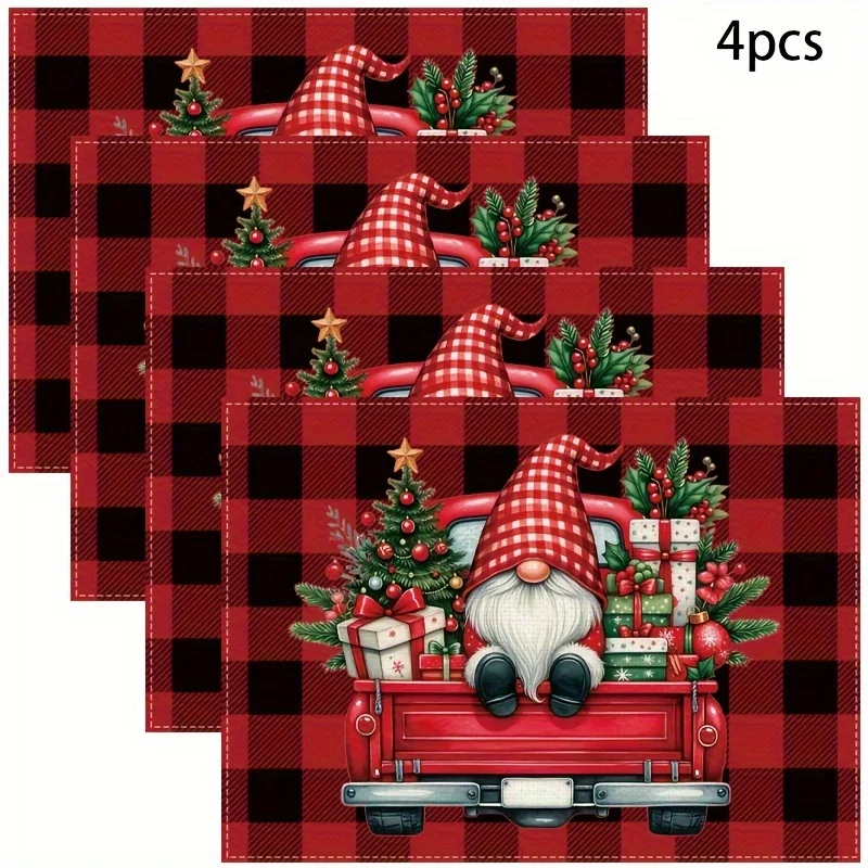 VIKAMA Plaid Gnome Truck Table Placemats - Red & Black Checkered Santa Sleigh Design, Durable Imitation linen Rectangular Mats view 3