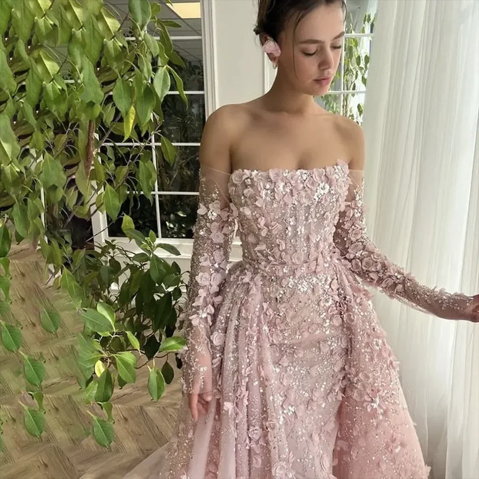 

Customized Elegant Pink Off The Shoulder Lace Appliques Mermaid Wedding Dresses Tulle Bridal GownVestido De Noival