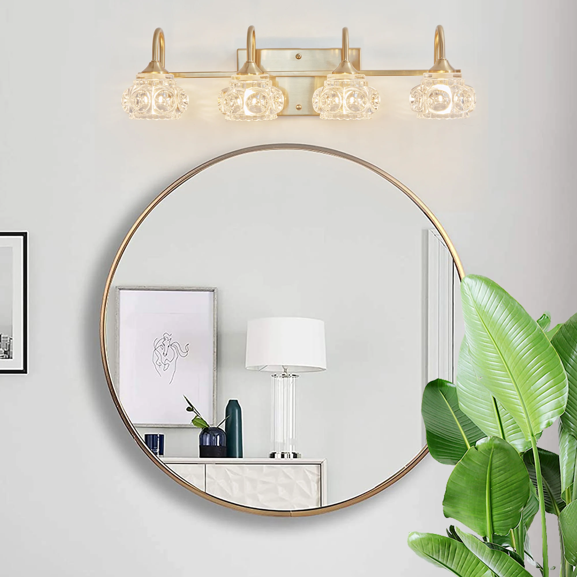 Modern Crystal Bathroom Vanity Light, 4-Light Golden Wall Sconce with Clear Glass Shade, Elegant Wall Mount Lighting (No Bulbs)