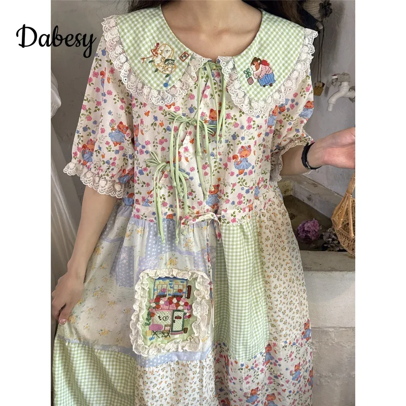 Vintage Green Plaid Patchwork Cotton Linen Dress Women Summer Japan Peter Pan Collar Lace-up Kawaii Dress Casual Female Vestidos